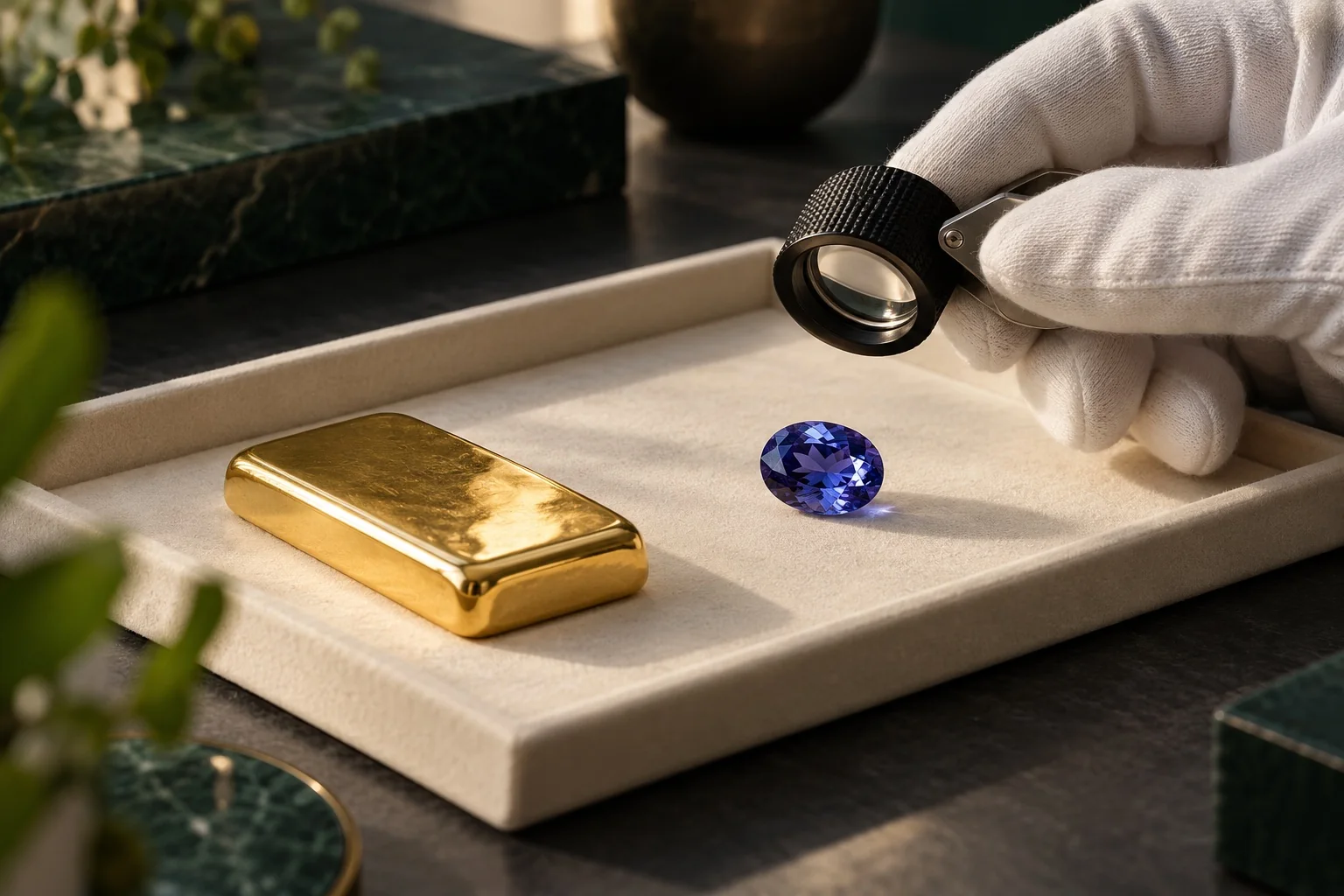 Selecting a tanzanite with a jeweller's loupe — illustrative image